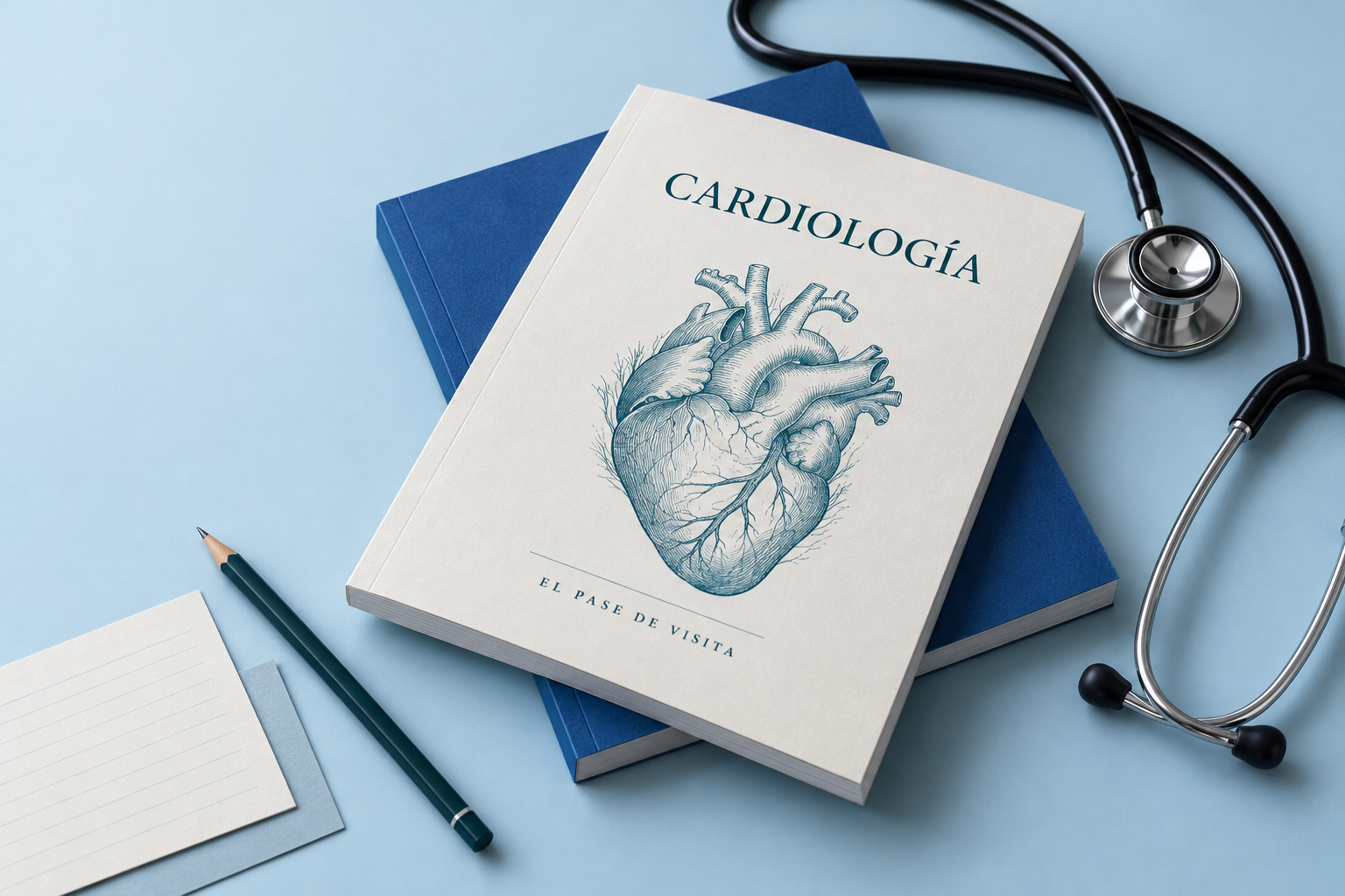 Manuales de estudio de cardiología junto a un estetoscopio